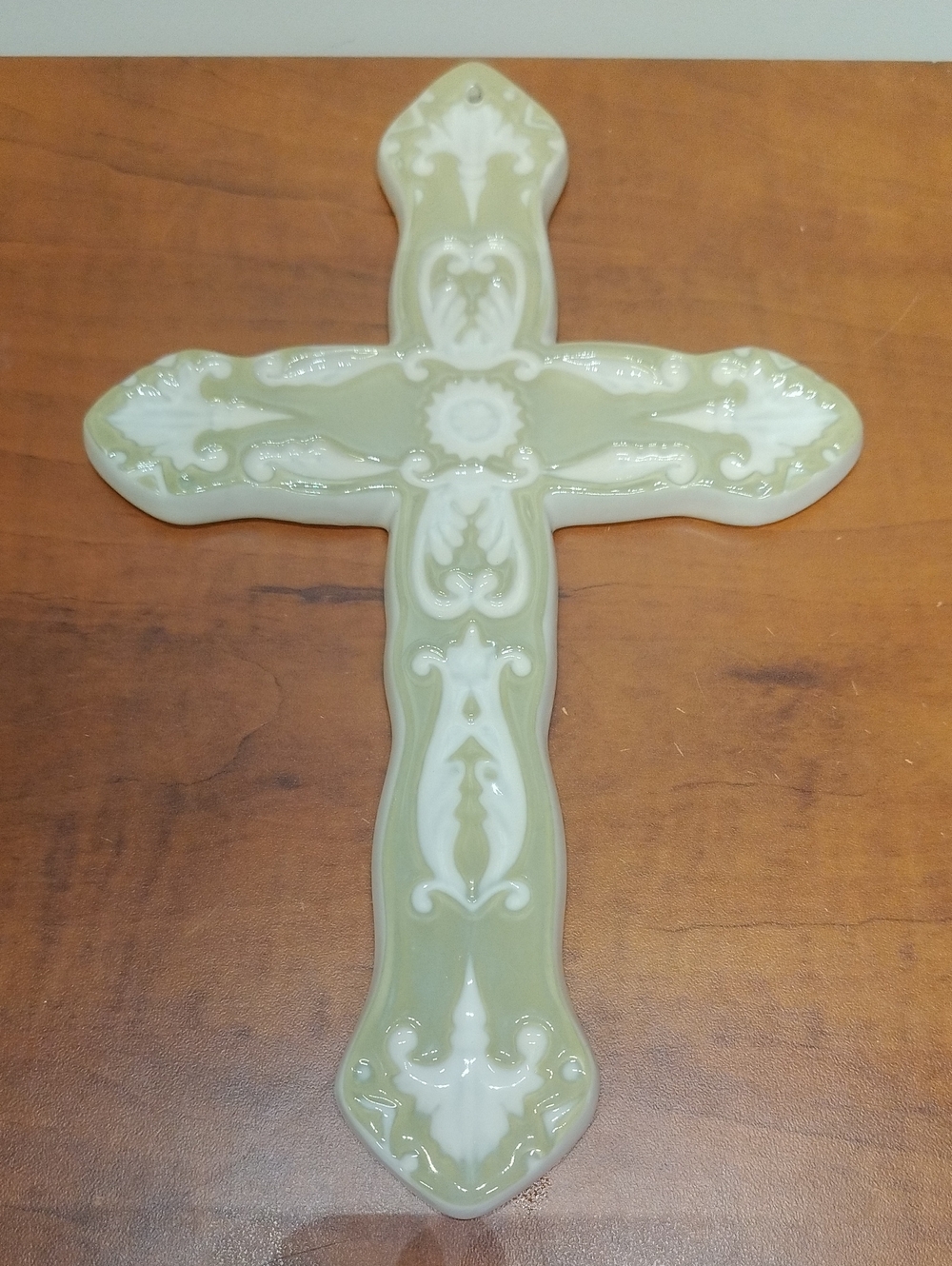 Decorative Ceramic Wall Cross in Sage Green and White 10x6"